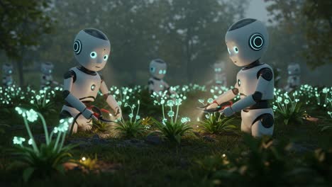 a group of robots engaged in gardening, pruning glowing plants under a mystical atmosphere in a lush green environment filled with technology and nature