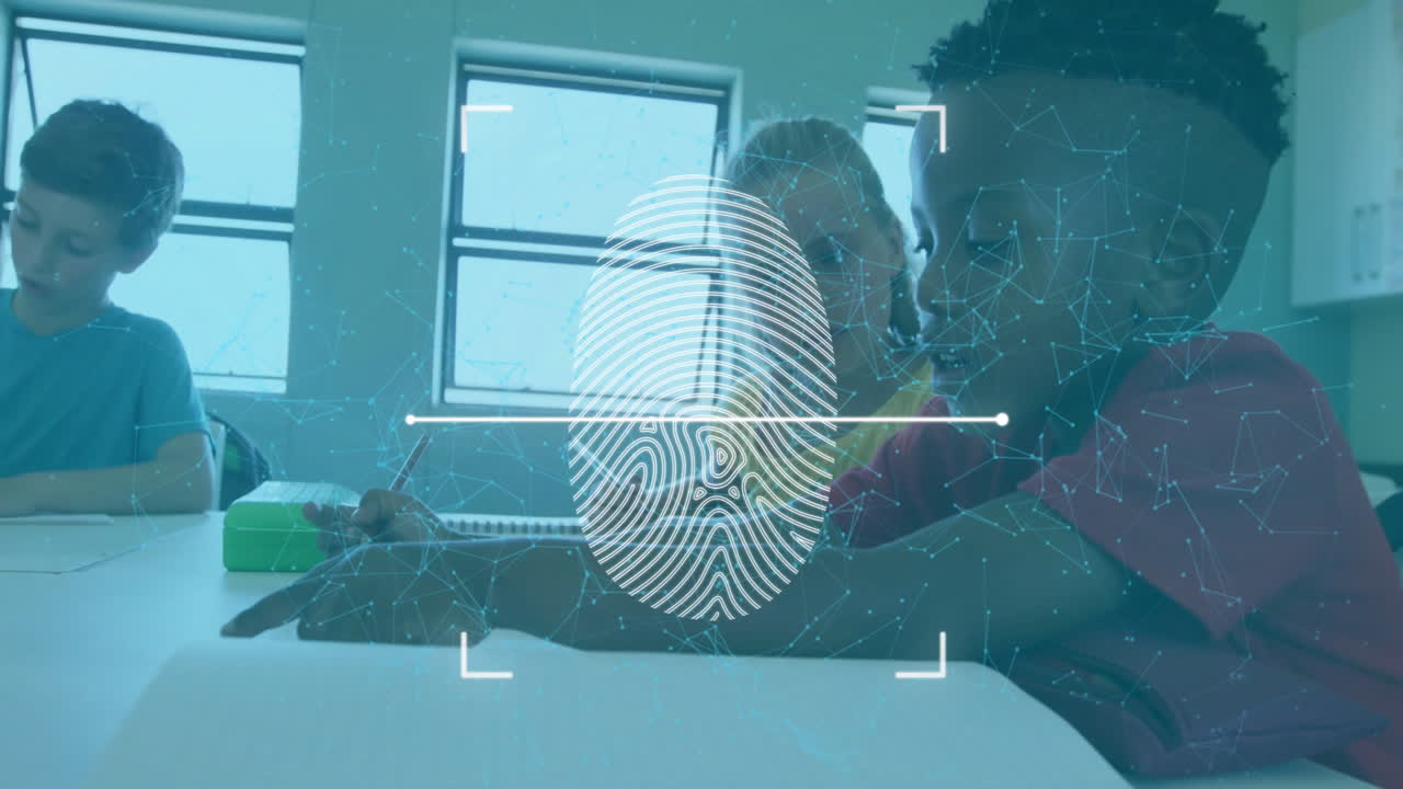 In school, fingerprint scan animation over students studying in classroom