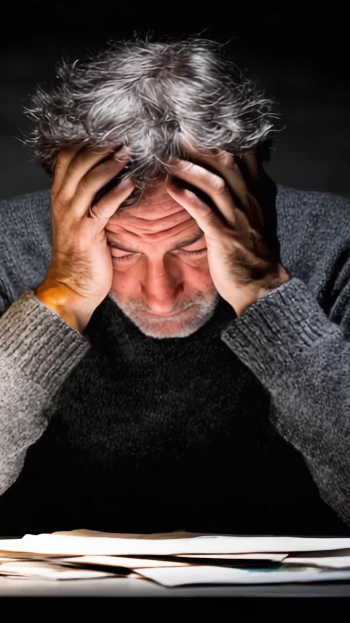A Man Reflects on His Challenges and Emotions while Holding His Head in Dispair, Struggling with Thoughts Amidst Papers on a Table in a Dimly Lit Space