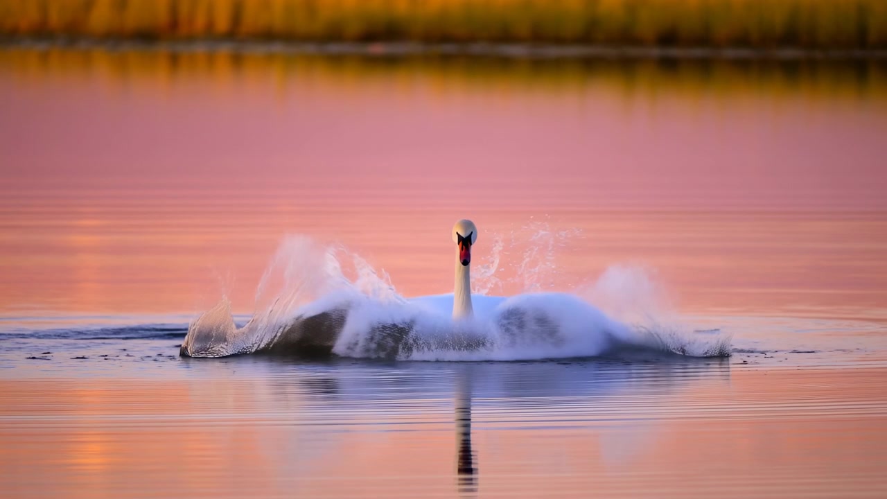 Vit svan rör sig genom stilla vatten medan den lyfter och sänker vingarna, vilket skapar stänk och vågor runt kroppen, med mjuka rosa reflektioner, avlägsen strandlinje och fridfull öppen sjömiljö