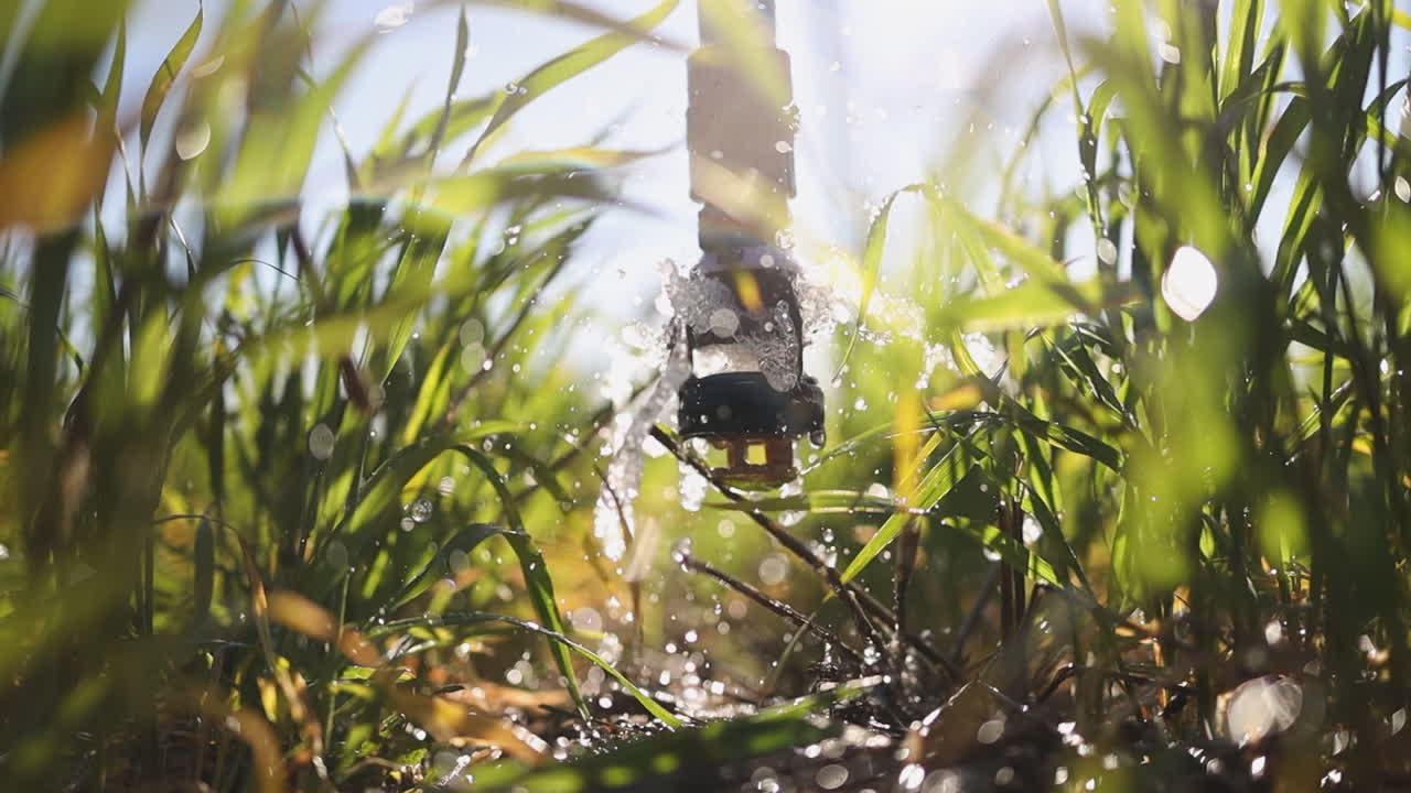 Vista a livello del suolo di un ugello a bolle che irriga una coltura di erba di grano verde