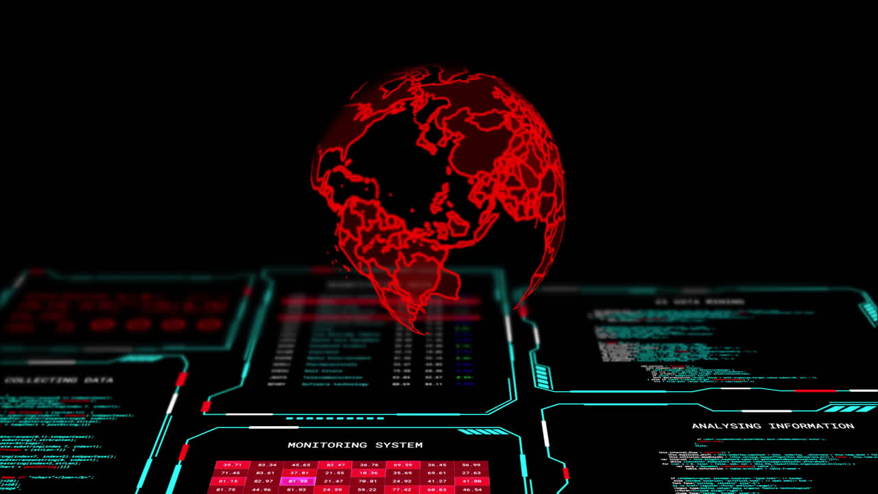 animación del procesamiento de datos digitales en pantallas y globo sobre fondo negro