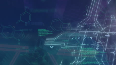 Animation-of-chemical-structures,-microprocessor-connections,-data-processing-against-neon-tunnel