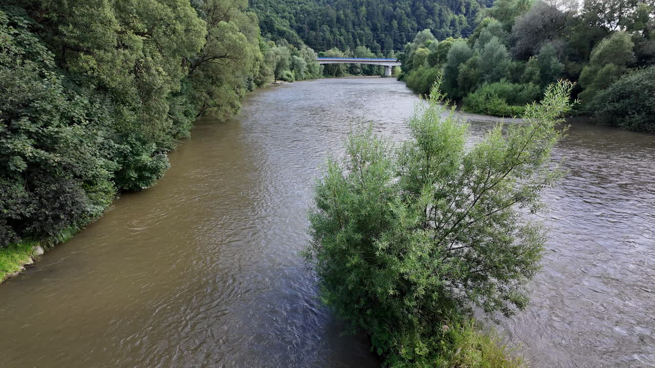 Flod der løber gennem en skov med en bro i baggrunden