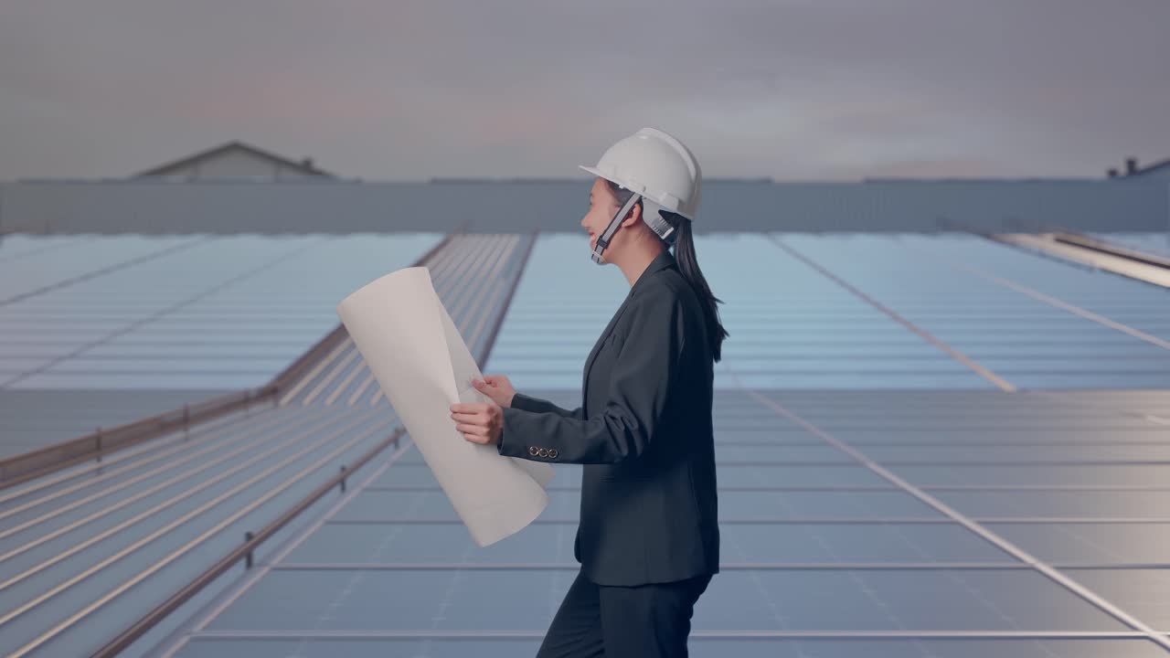 Seitenansicht einer asiatischen Geschäftsfrau, die einen Bauplan in den Händen hält und sich auf industriellen Dach-Solaranlagen gehend umsieht.