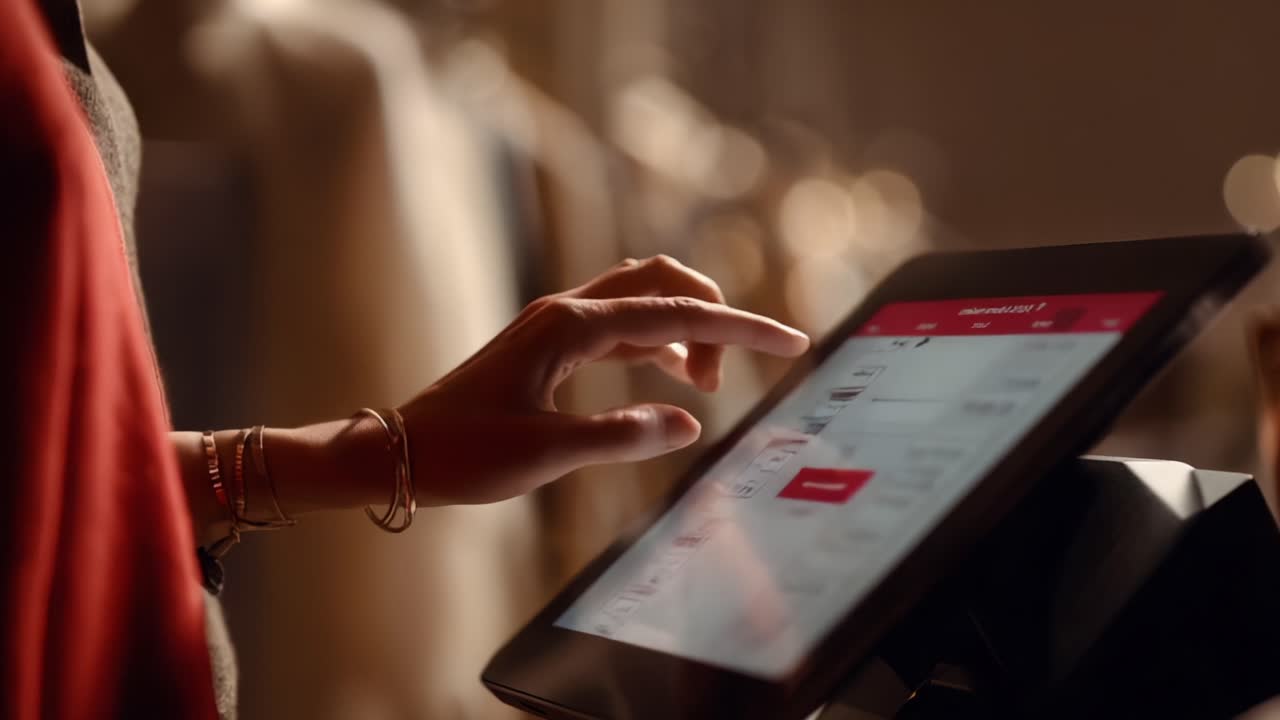 User Interacting with Touchscreen Interface in Clothing Store, Navigating through Options and Features on a Modern POS System During Shopping Experience