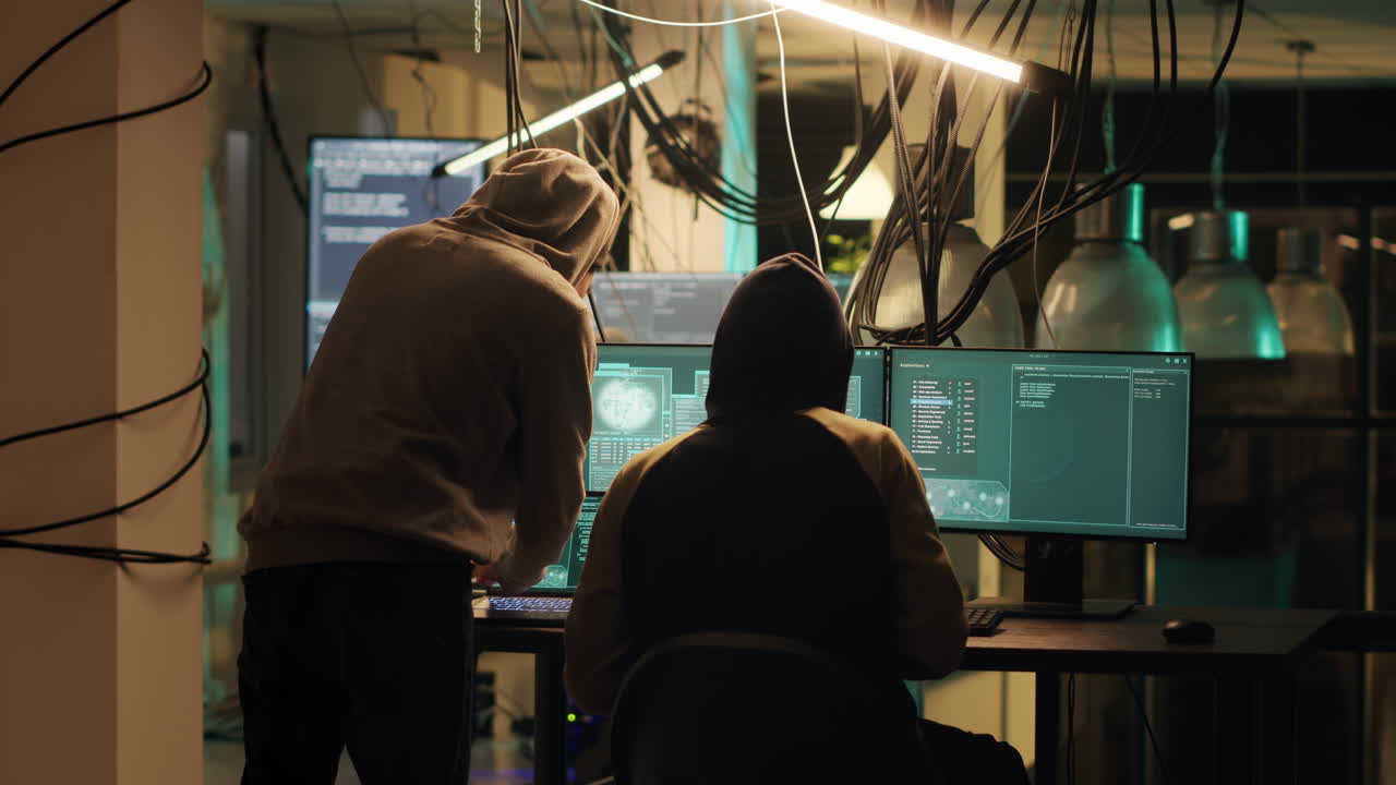 Hackers working on cybersecurity on multiple computer screens