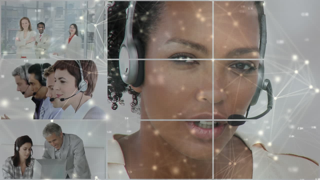 Animazione di reti di connessioni su professionisti che indossano cuffie telefoniche.