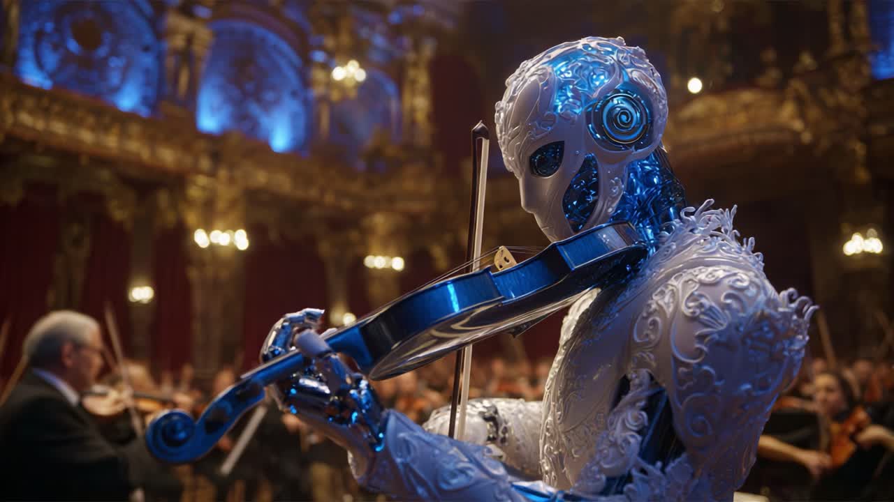 A humanoid robot, intricately designed with metallic features, performs an exquisite violin solo amidst a grand orchestra setting, showcasing the fusion of technology and artistry