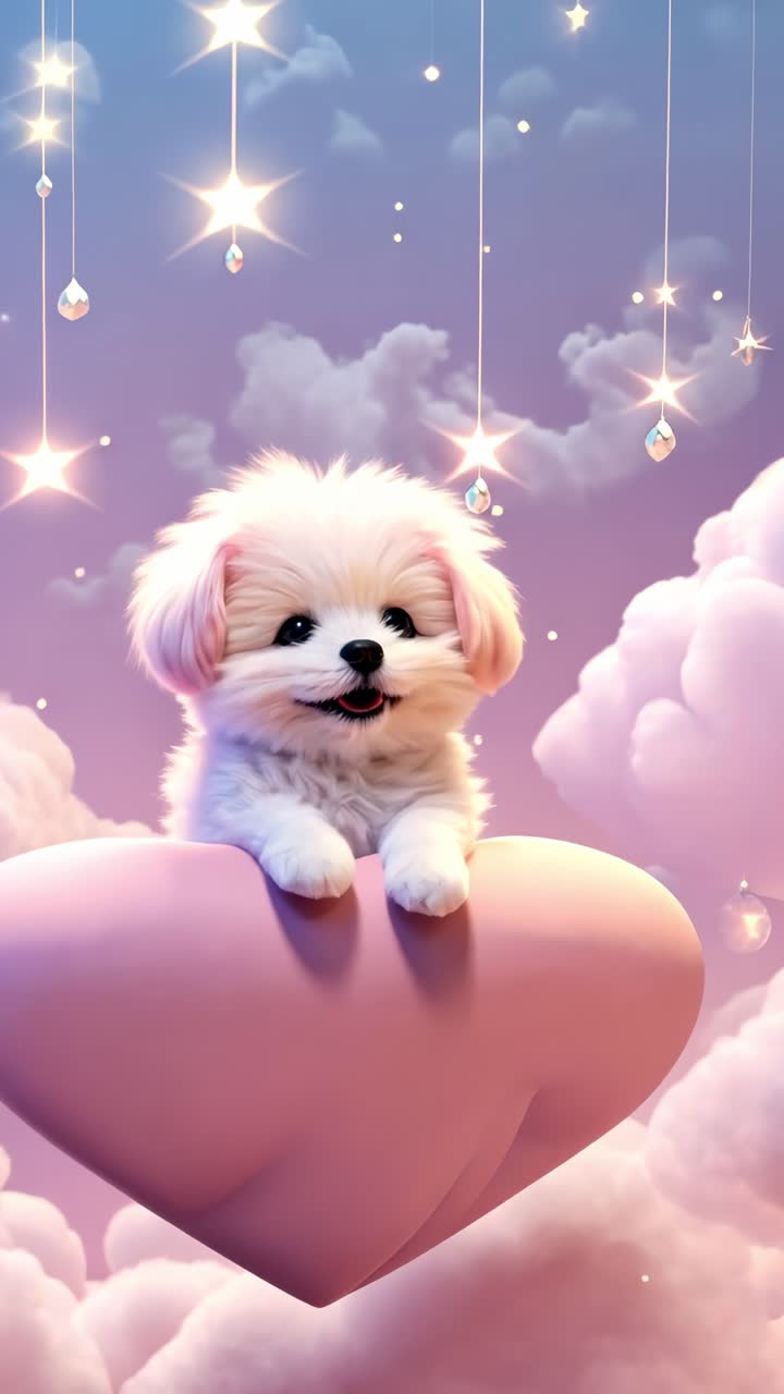 A fluffy puppy on a heart-shaped cushion amidst dreamy clouds and twinkling stars