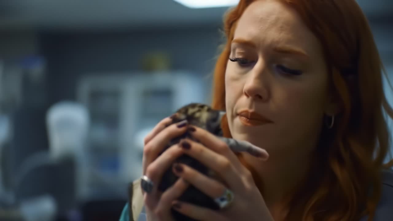 A Compassionate Encounter: A Woman Tenderly Holds and Cares for a Vulnerable Kitten in a Veterinary Setting, Highlighting the Bond Between Humans and Animals