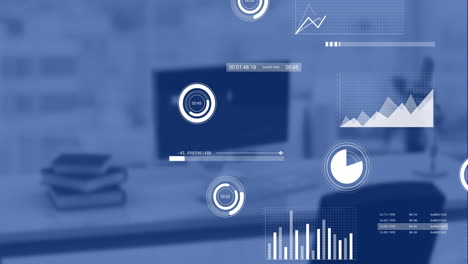 animation of financial data processing over desk in office