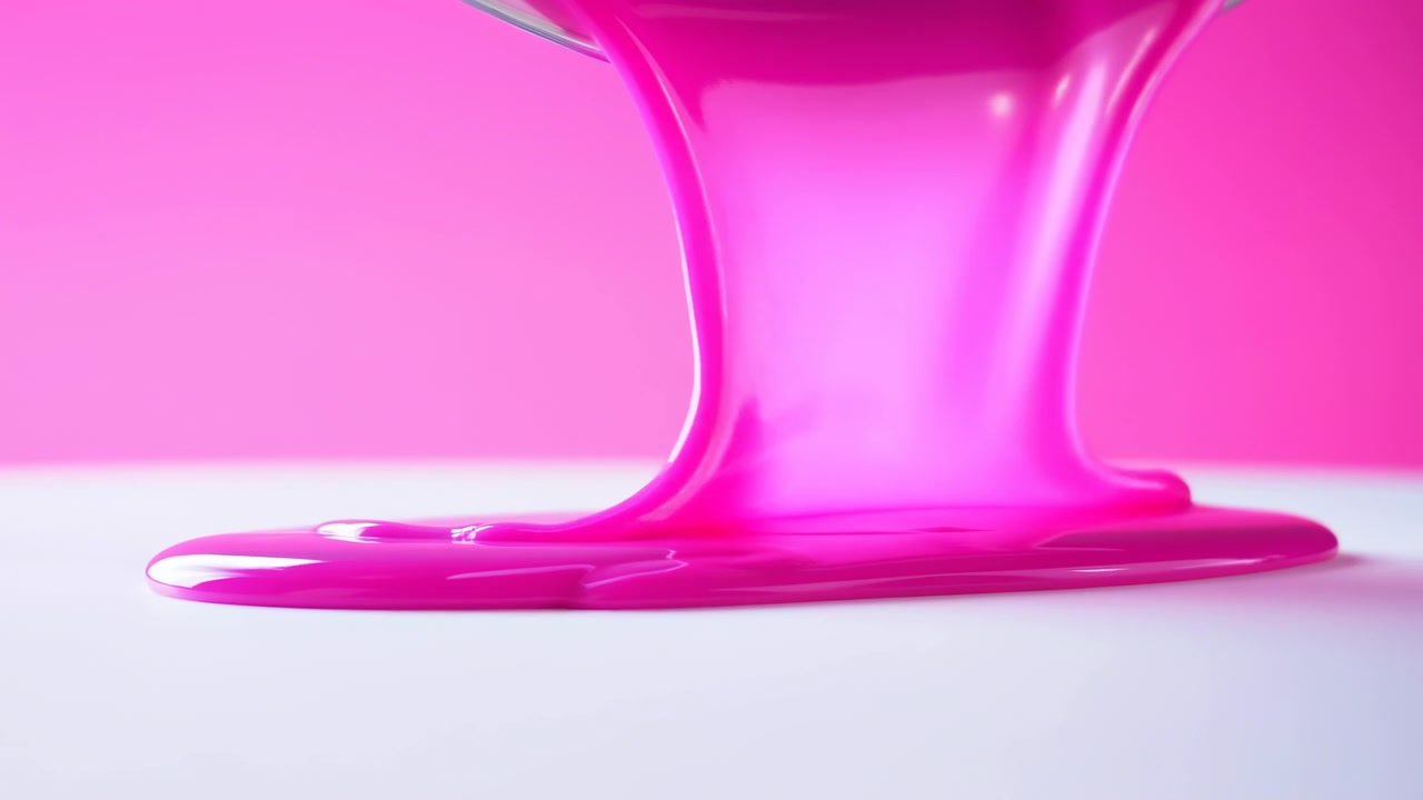 Nærbilde av tykk, glansfull rosa væske som strømmer ovenfra ned i en liten dam på en ren hvit overflate, med en lys magenta bakgrunn og myk studiobelysning