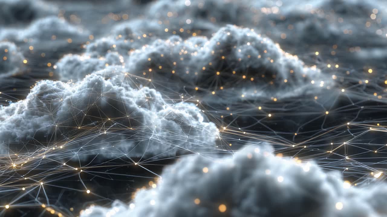Digital Clouds Illuminated by Connecting Lights: A Mesmerizing View of Ethereal Connectivity in the Sky Showcasing a Unique Blend of Technology and Nature