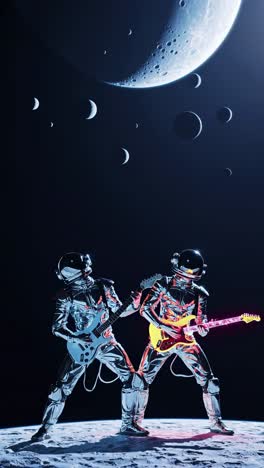 Two astronauts wearing futuristic silver spacesuits are standing on the surface of the Moon, playing electric guitars during a spacewalk, with planets and moons visible in the background
