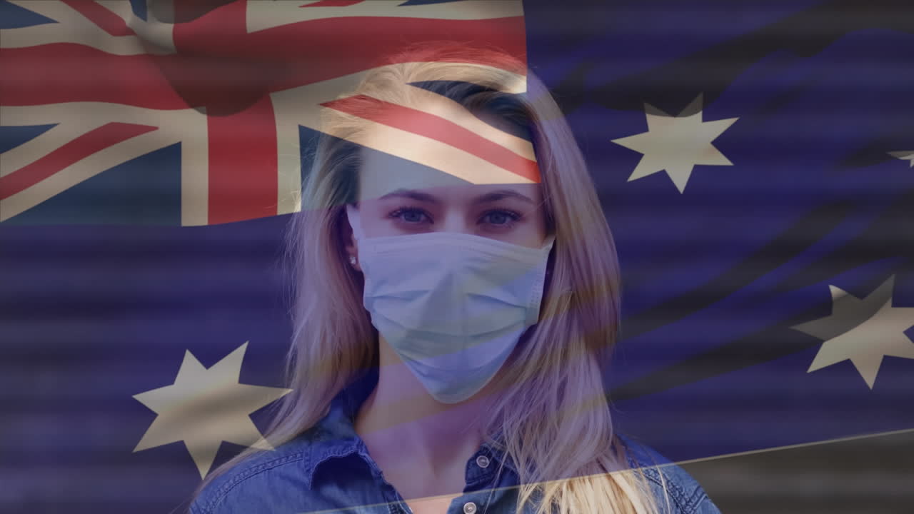 도시 거리에서 얼굴 마스크를 쓰고 있는 백인 여성이 호주 국기를 흔들고 있는 애니메이션
