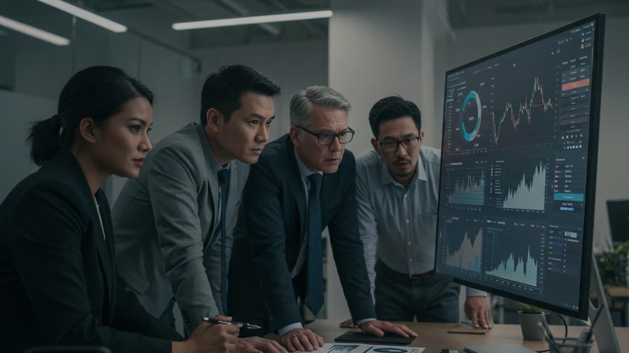 A Group of Professional Colleagues Analyzing Data and Financial Graphs Together While Collaborating in a Modern Office Environment Using Advanced Technology