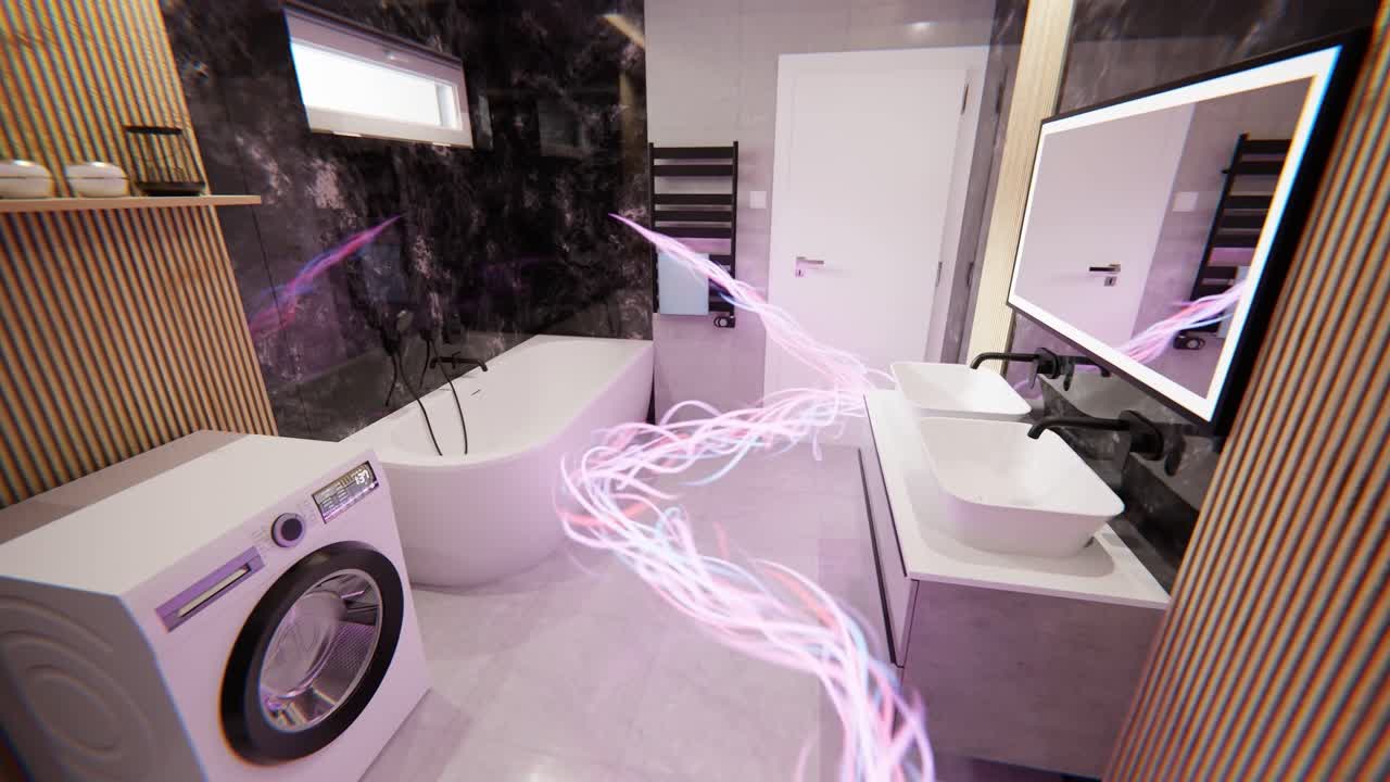 el concepto de diseño de interiores de animación de renderización 3d de un apartamento moderno con baño vertical con flujo de energía inteligencia artificial en la tarea diaria ama de casa