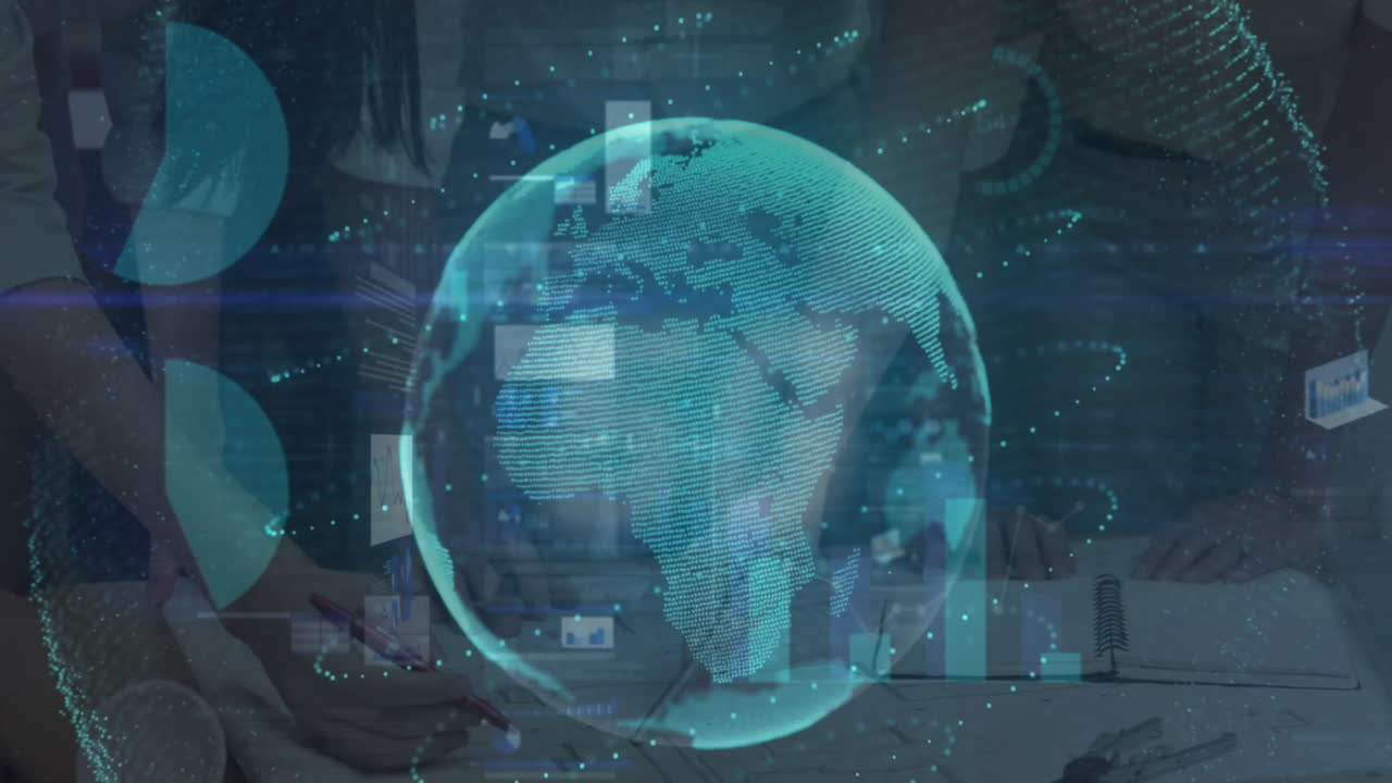 통계 데이터 처리의 애니메이션, 동료들과 토론하는 회전하는 지구 위의 5g 텍스트