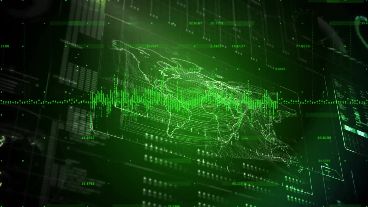 Animation of digital world map with green data streams and binary code overlay