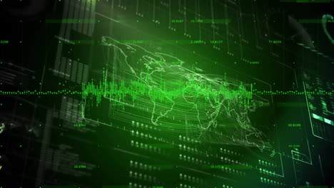 animation of digital world map with green data streams and binary code overlay