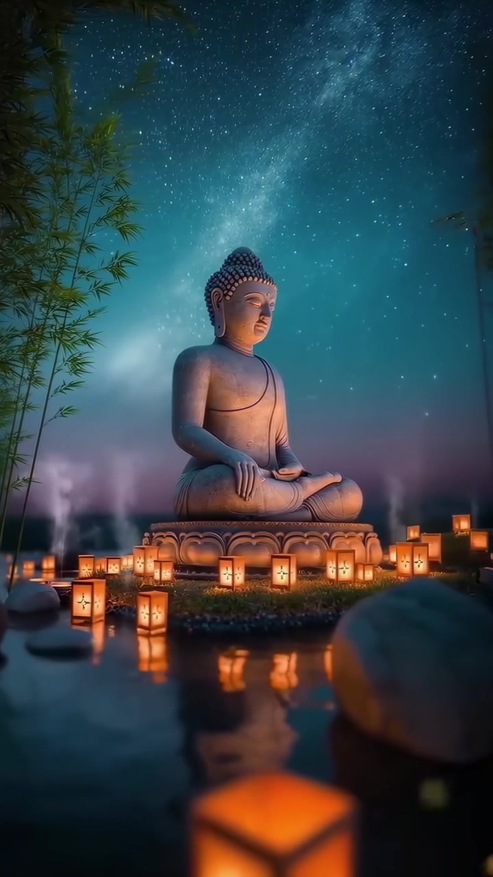 Statua di Buddha in meditazione in un giardino tranquillo di notte