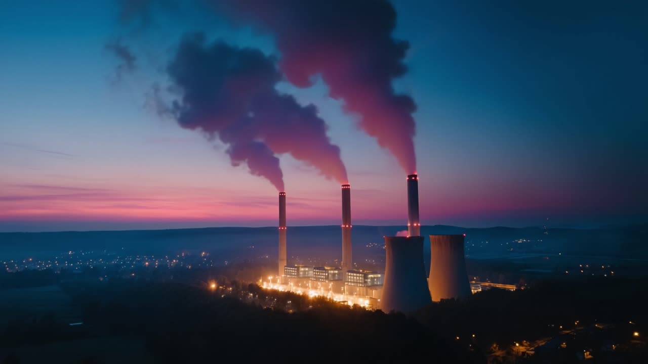 Centrale elettrica industriale che emette fumo contro un cielo crepuscolare, mettendo in risalto la produzione di energia e l'impatto ambientale al tramonto, con nuvole dai colori drammatici.