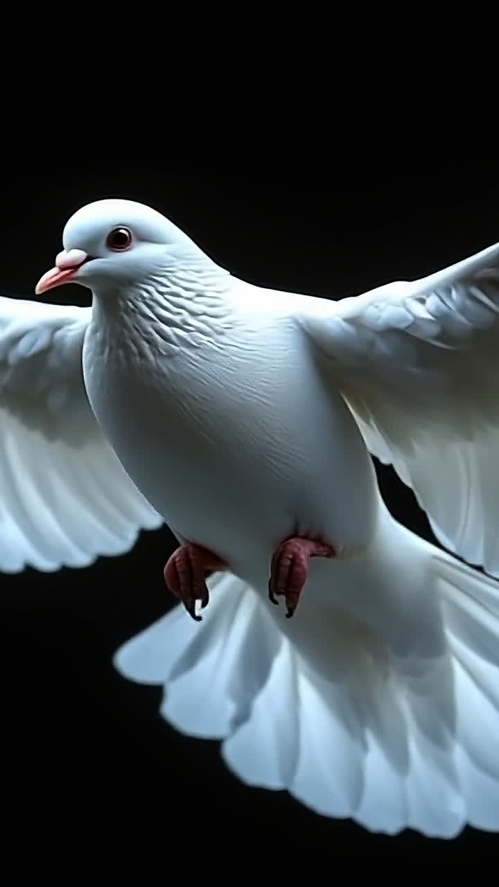 A white dove soars gracefully in the air. A white dove with expansive wings is soaring gracefully in mid-air against a black background, showcasing its beauty.