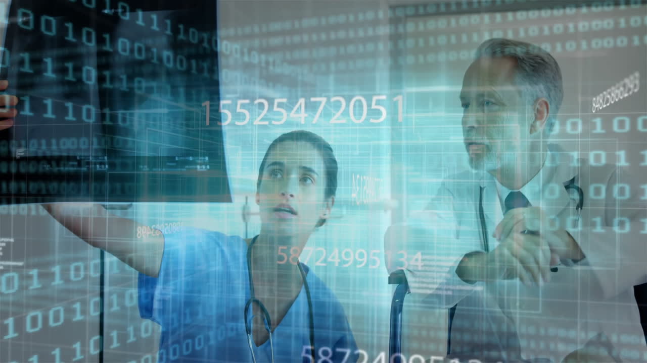 Analyzing X-ray with digital overlay, medical professionals working in hospital
