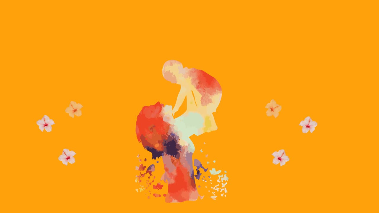 오렌지색 배경에서 최면 운동으로 움직이는 꽃의 애니메이션