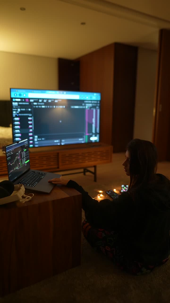 mujer comerciando en casa por la noche