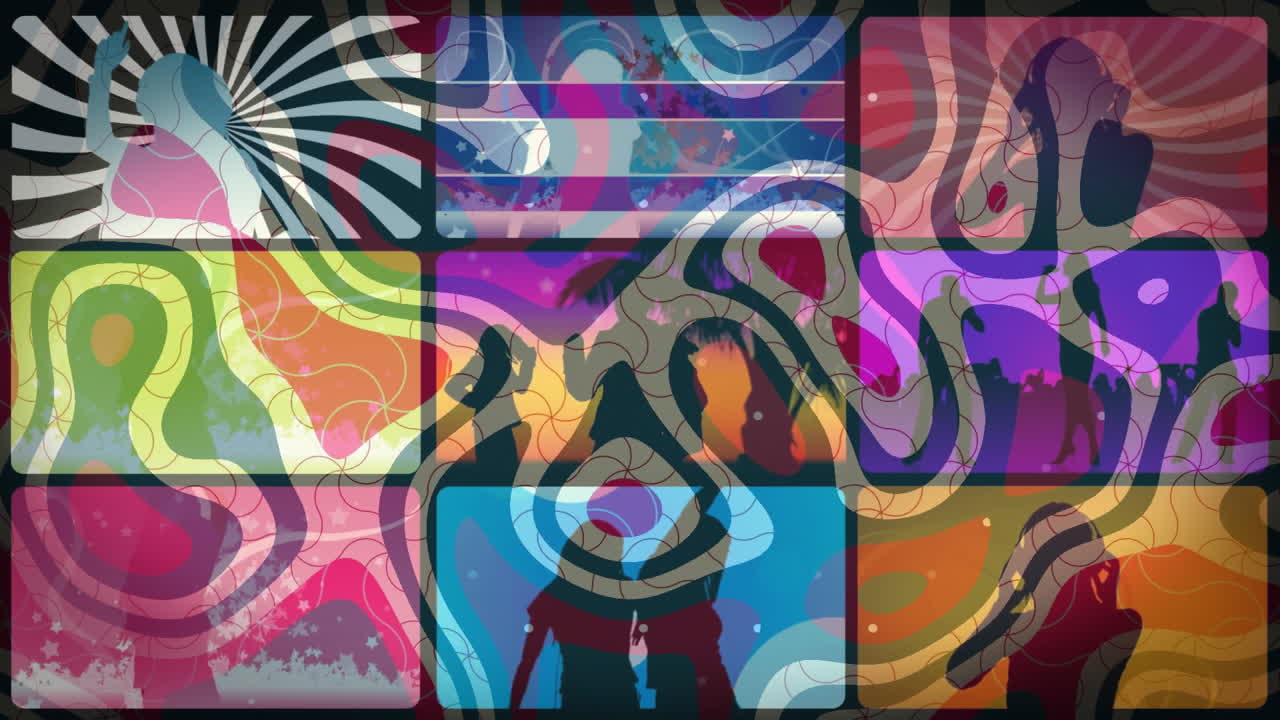 Forming vibrant mosaic design, colorful abstract patterns and shapes in animation