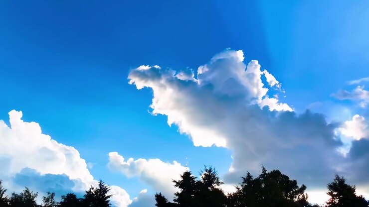 Majestätischer Zeitraffer von Wolken und Sonnenstrahlen am blauen Himmel über Bäumen.