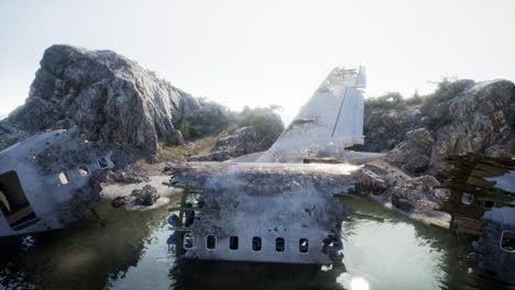 airplane wreckage on a deserted island