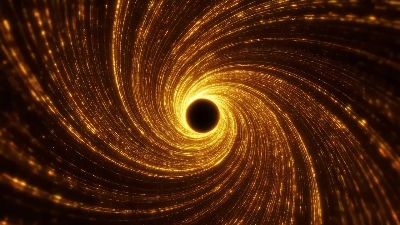 Un buco nero con un disco di accrescimento vorticoso in un ambiente spaziale, visto da una prospettiva laterale, che mostra una scena misteriosa e cosmica con tonalità oro, arancione, marrone e nero.