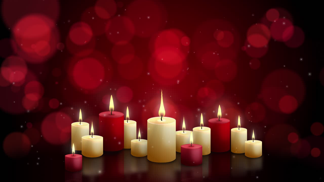 Red and yellow candles with flame on table burning on red background with blurred round highlights. Looped animation motion.