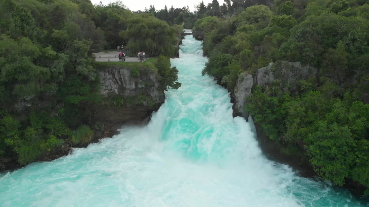 SLOWMO - Aerial drone flight backwards from Huka Falls, New Zealand
