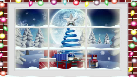 Animation-Einer-Winterlandschaft-Mit-Weihnachtsdekoration,-Gesehen-Durch-Ein-Fenster