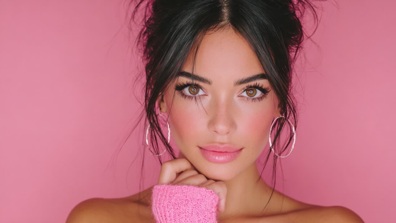 Bellezza accattivante: primo piano di una giovane donna dai tratti sorprendenti su uno sfondo rosa tenue, che emana sicurezza e fascino in abiti alla moda