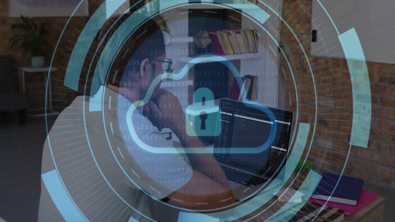 Developer studying code at desk glowing dots starting circular secure interface checking cloud lock
