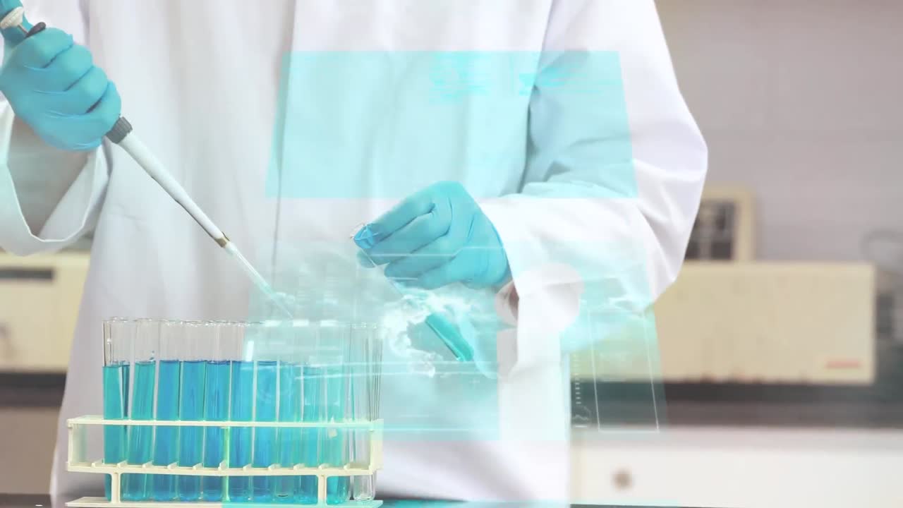animación del procesamiento de datos sobre el científico con tubos de ensayo