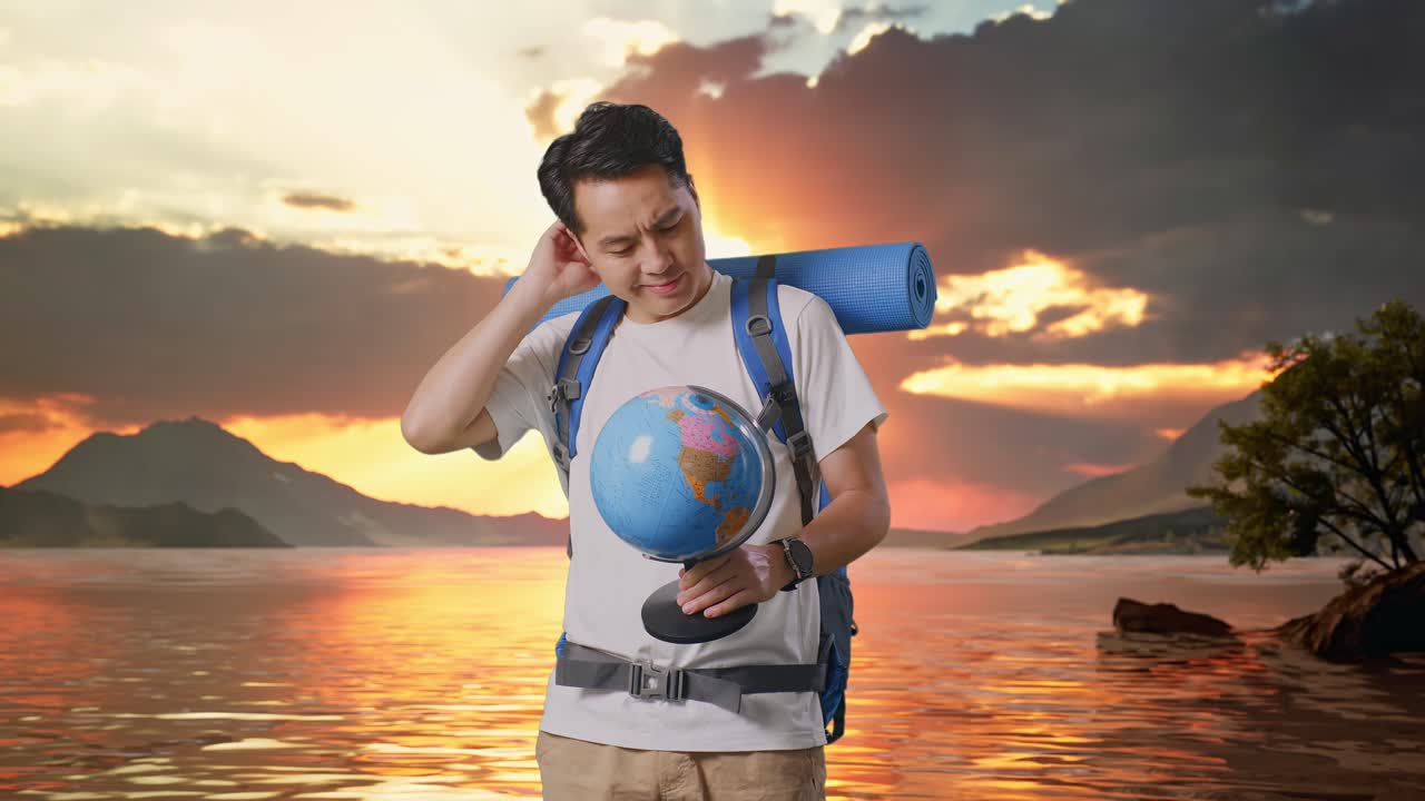excursionista masculino asiático con mochila de montañismo mirando el globo mundial en sus manos y haciendo un gesto confuso en un lago