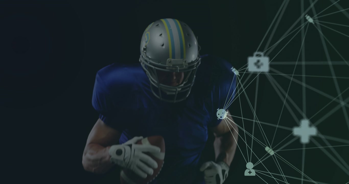Player starting sprint leaning forward, clutching ball, nodes linking shoulder, showing sports data