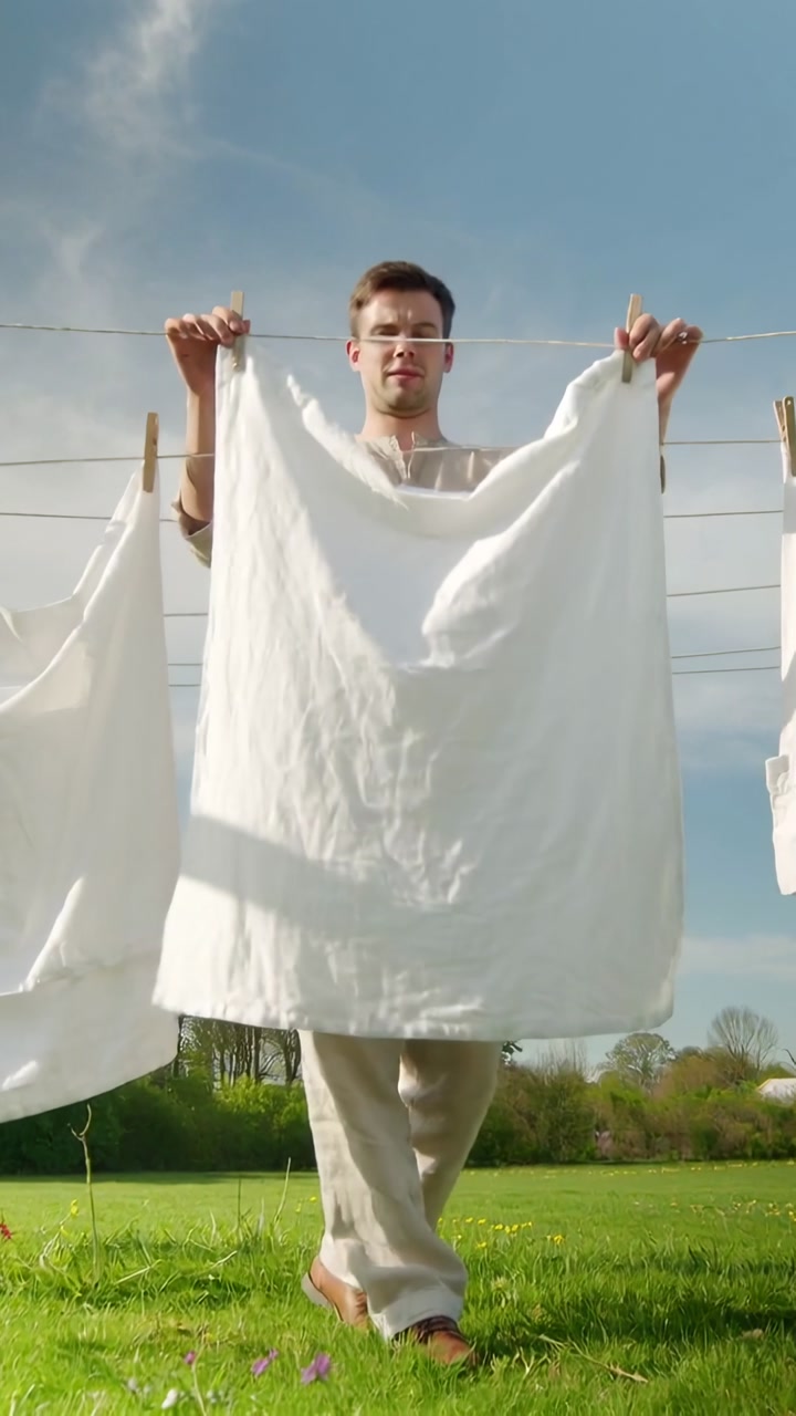 Vertical video: Shaking man in linen top draping and pinning white sheet on line in field to dry