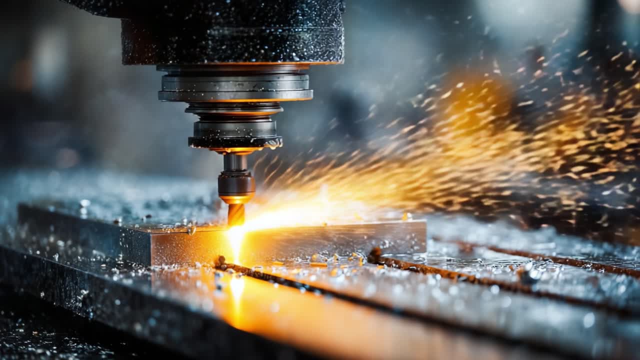 Lavorazione di precisione in azione: un processo di fresatura CNC ad alta velocità che crea componenti metallici, mostrando scintille e dinamiche dei fluidi in un ambiente di officina