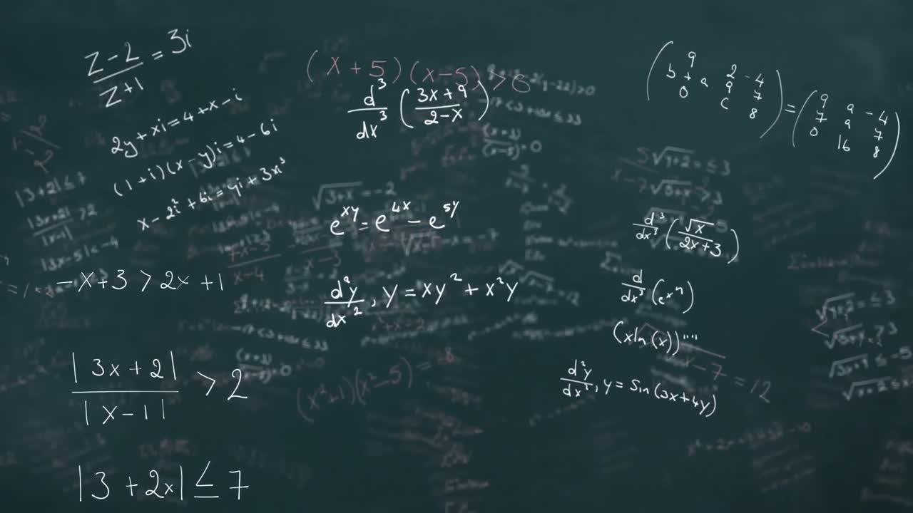 animación de ecuaciones matemáticas blancas flotando sobre un fondo abstracto