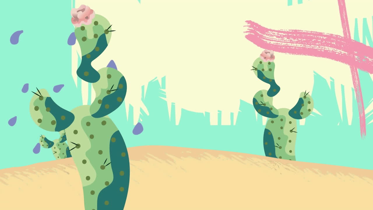 animación de cactus y gotas sobre formas