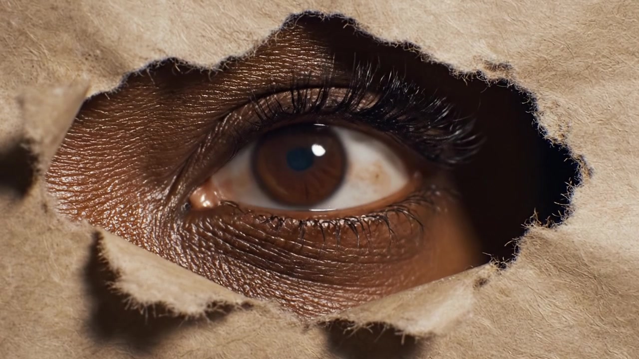 Intrigante primo piano di un occhio che fissa attraverso carta strappata, catturando un momento di curiosità e mistero, mostrando ricche texture e dettagli con sorprendente chiarezza.