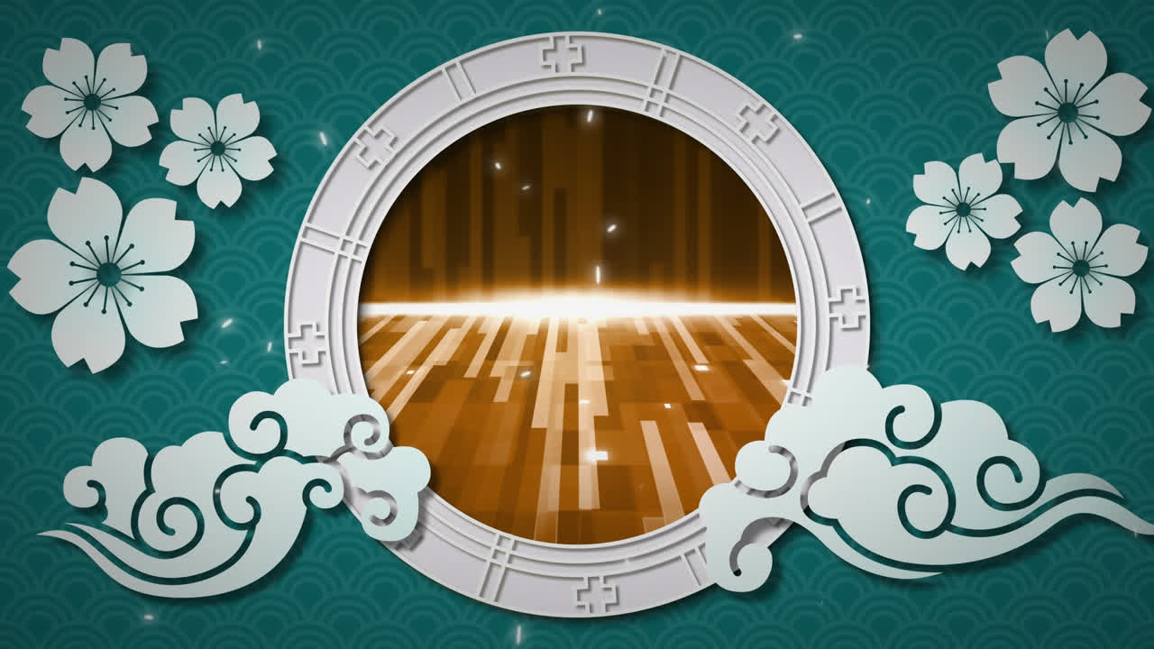 デジタル風景上の青い花のアニメーション