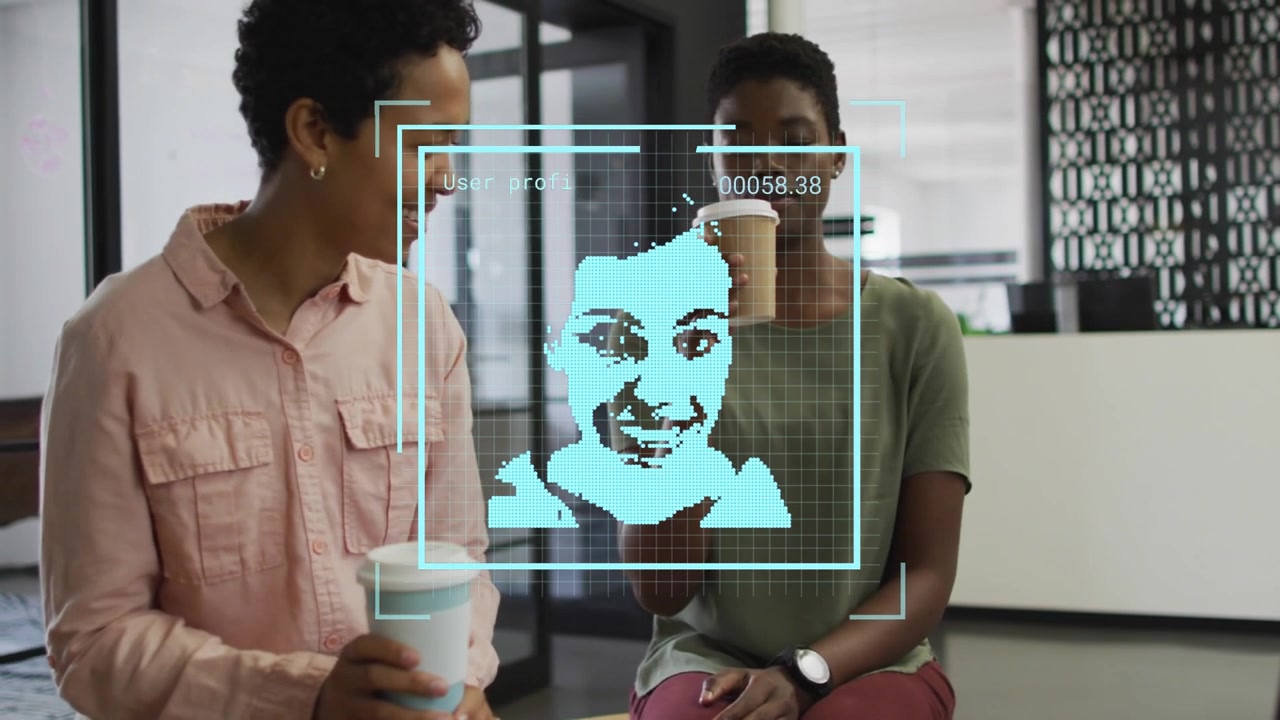 Animation of people icons over diverse business people talking